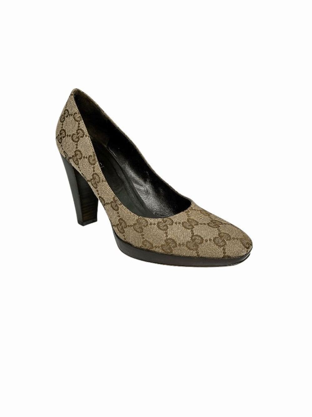 Gucci Beige GG Monogram Canvas Pumps Size 7B Brown Slip On Heels Square Toe